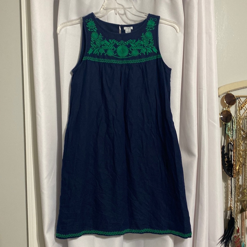 J Crew Navy Embroidered Green Sleeveless Dress Size XS